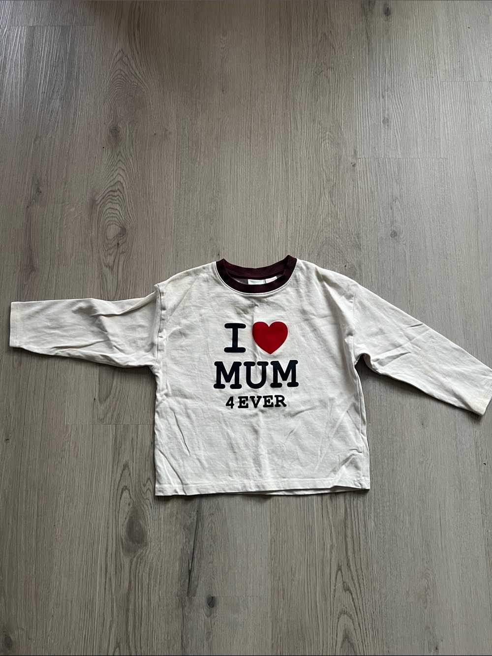 Zara Cream Long-Sleeve Tee with Red Heart and Burgundy Neck